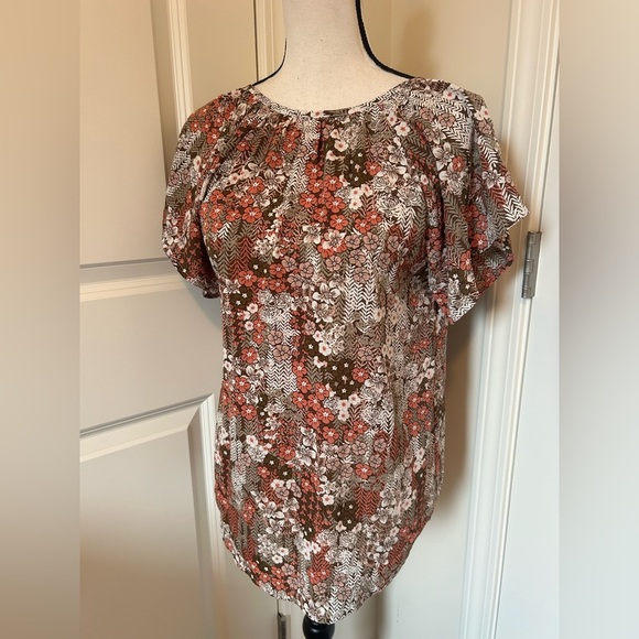 Amazon Tops - Floral Blouse with Red and Brown Accents